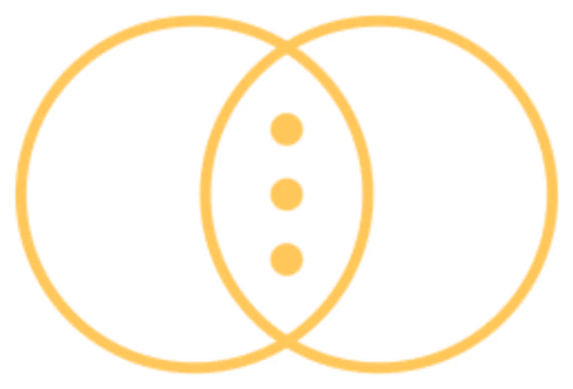 A gold emblem: two overlapping circles with three dots in the space where they meet